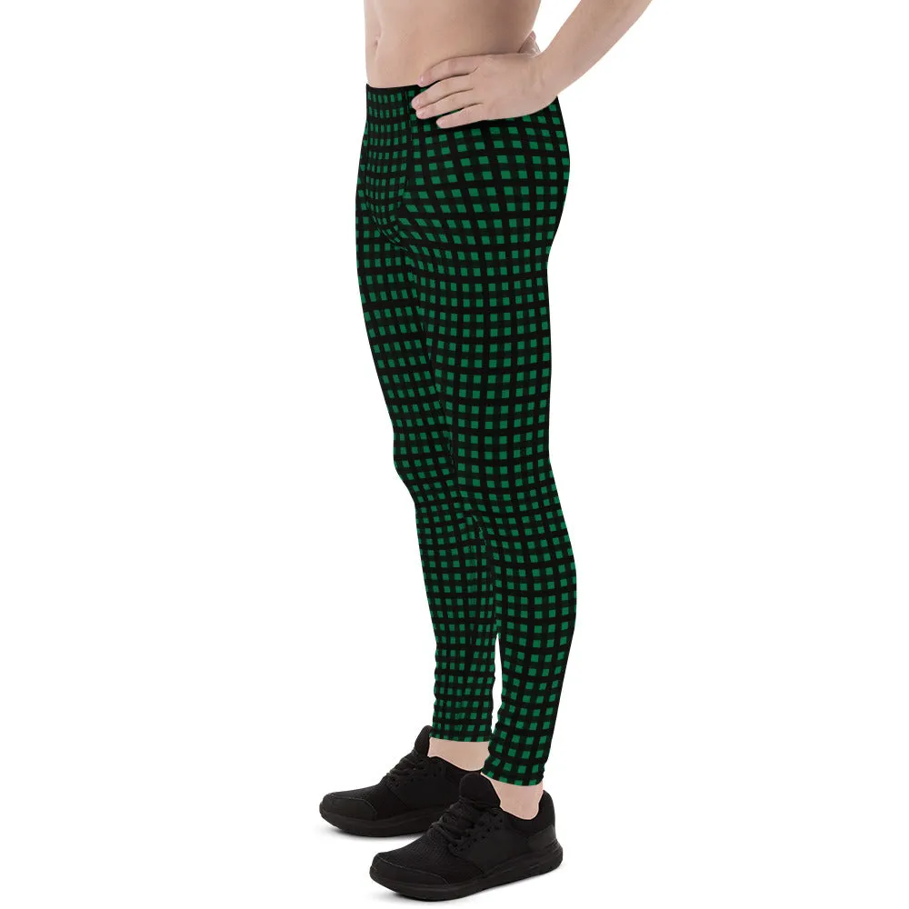 Green Buffalo Plaid Meggings, Dark Green Classic Print Men's Leggings - Made in USA/EU