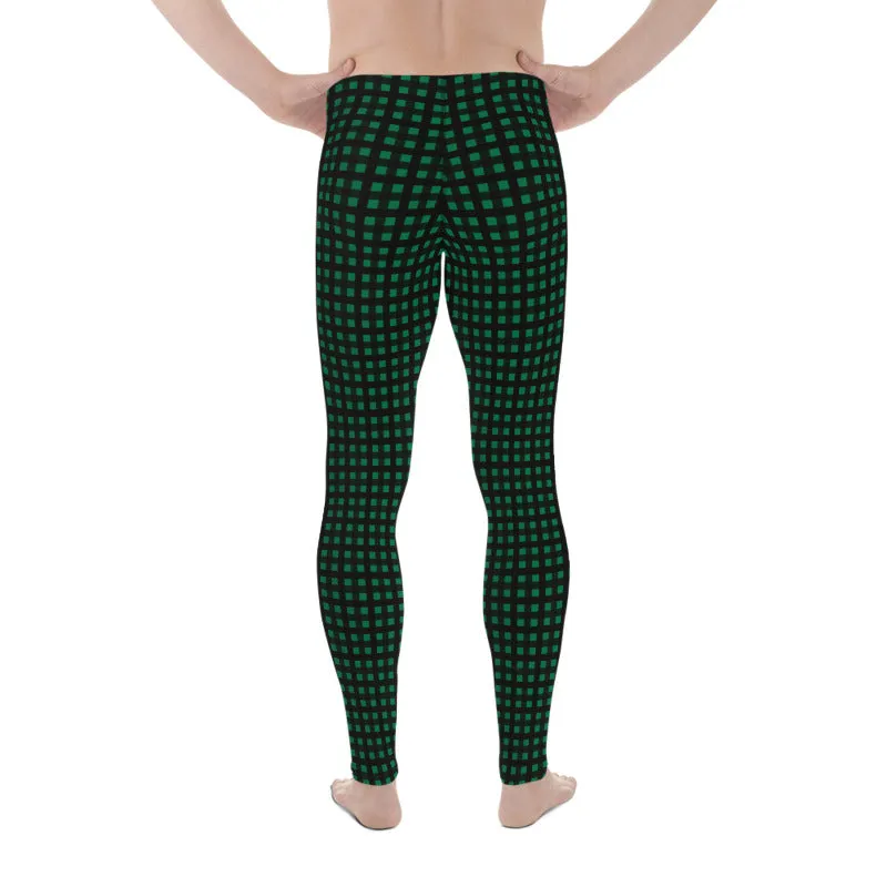 Green Buffalo Plaid Meggings, Dark Green Classic Print Men's Leggings - Made in USA/EU