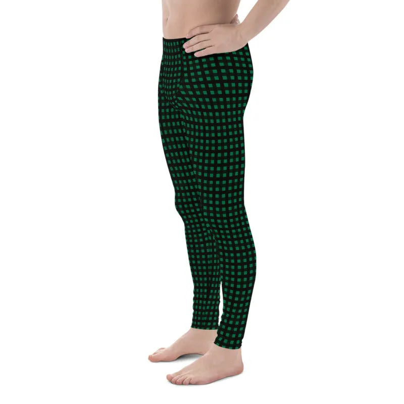 Green Buffalo Plaid Meggings, Dark Green Classic Print Men's Leggings - Made in USA/EU