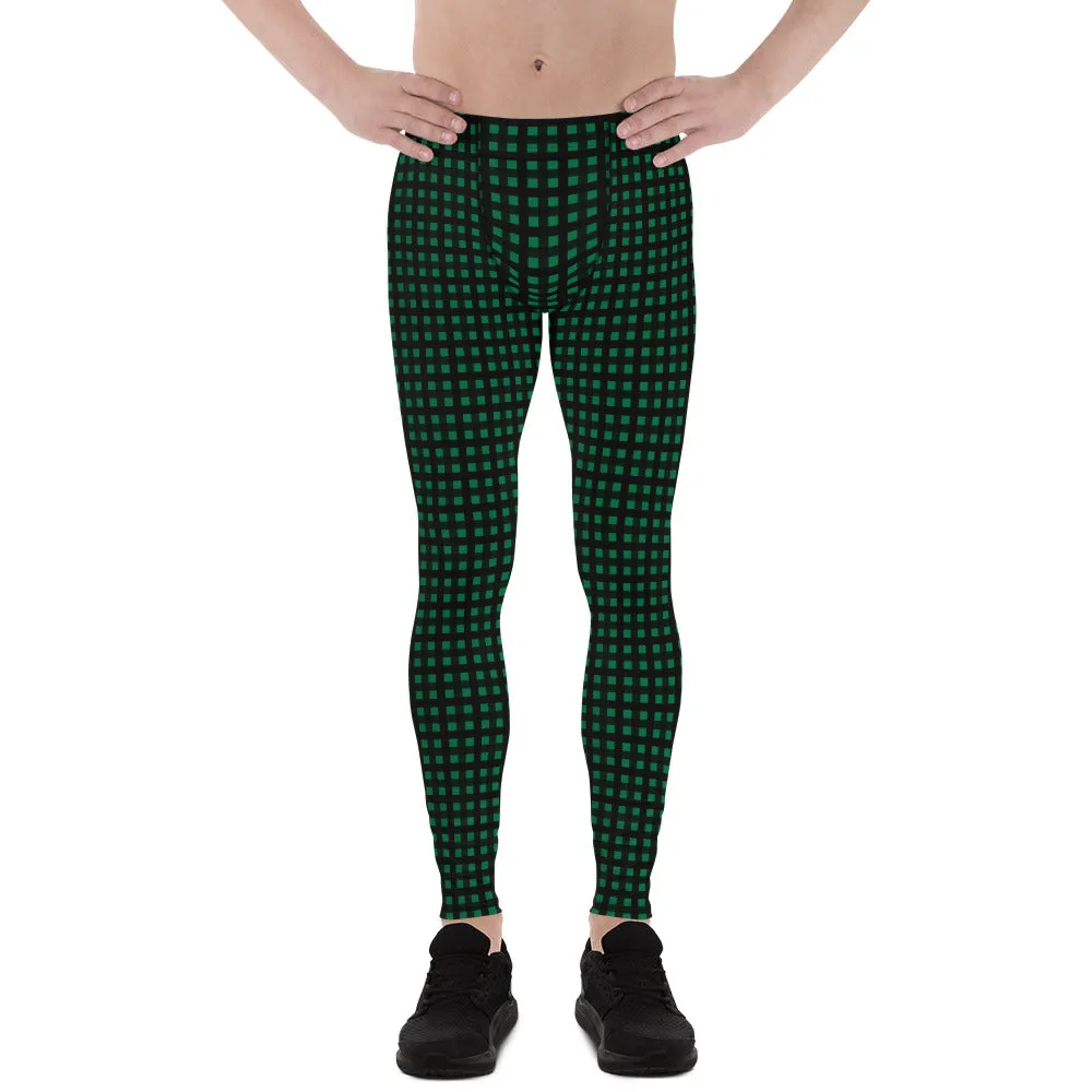 Green Buffalo Plaid Meggings, Dark Green Classic Print Men's Leggings - Made in USA/EU