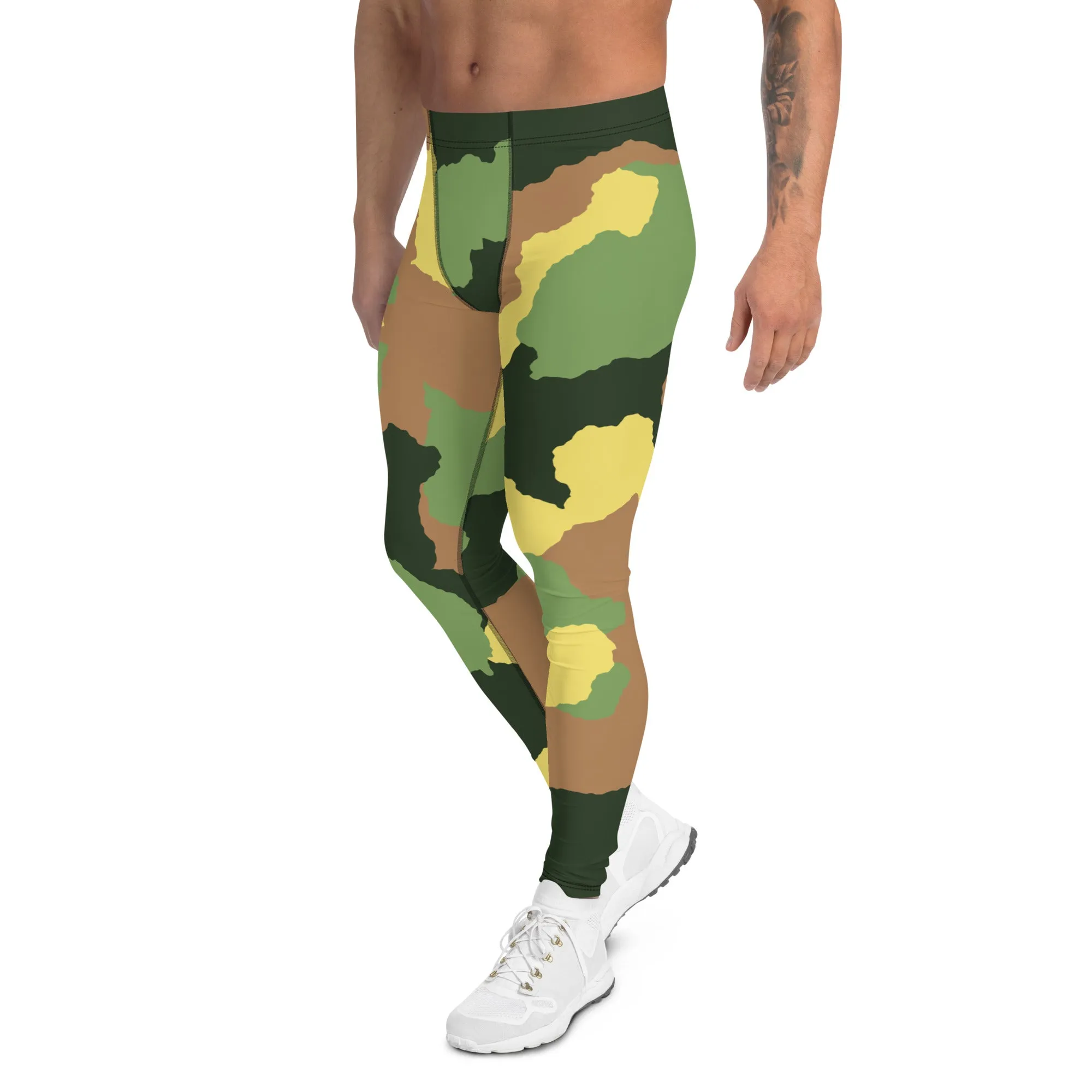 Green Camo Men's Leggings, Best Men's Leggings Designer Running Tights- Made in USA/EU/MX