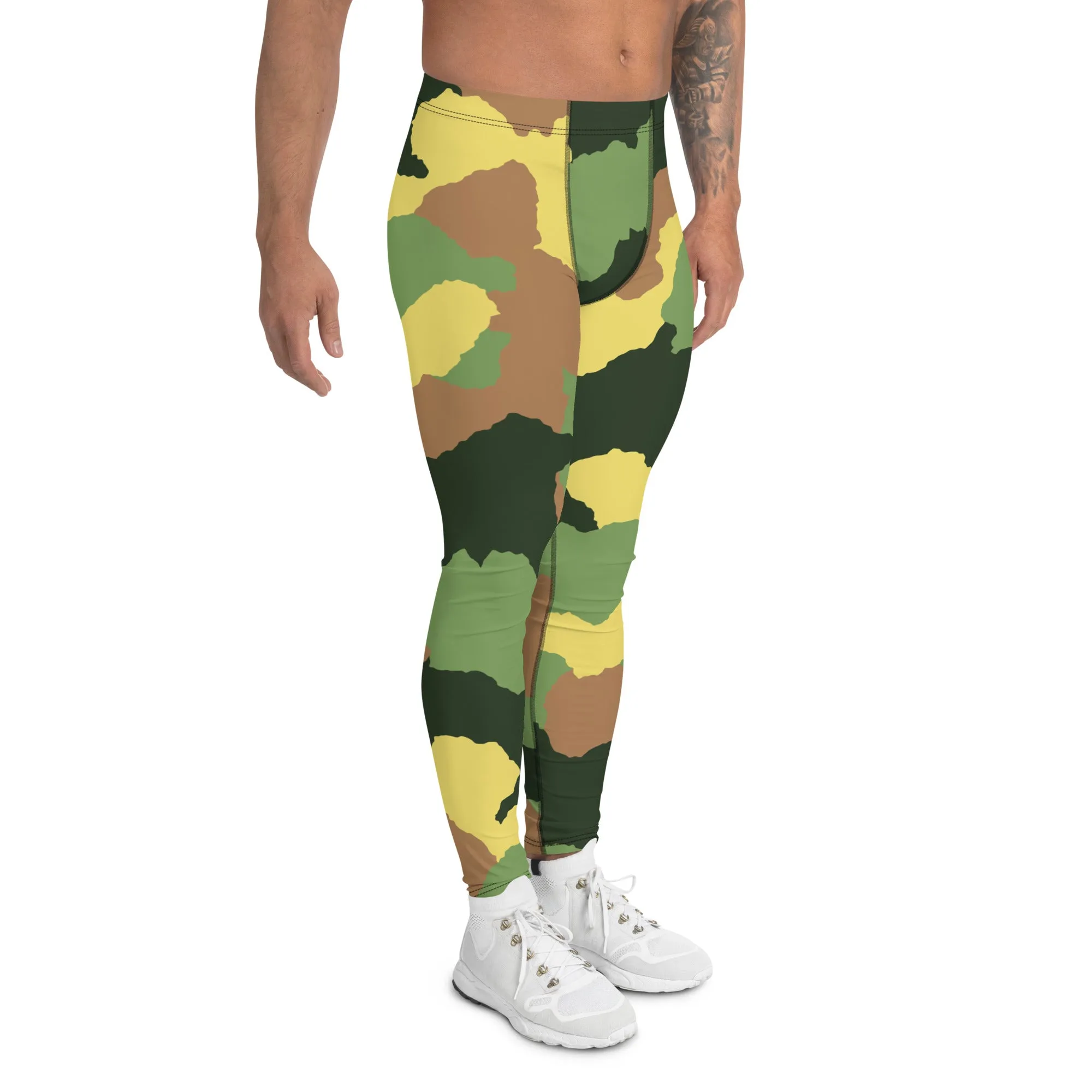 Green Camo Men's Leggings, Best Men's Leggings Designer Running Tights- Made in USA/EU/MX