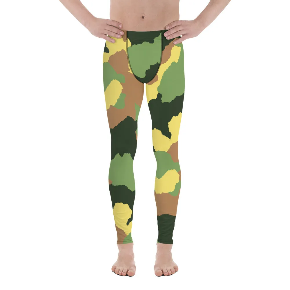 Green Camo Men's Leggings, Best Men's Leggings Designer Running Tights- Made in USA/EU/MX