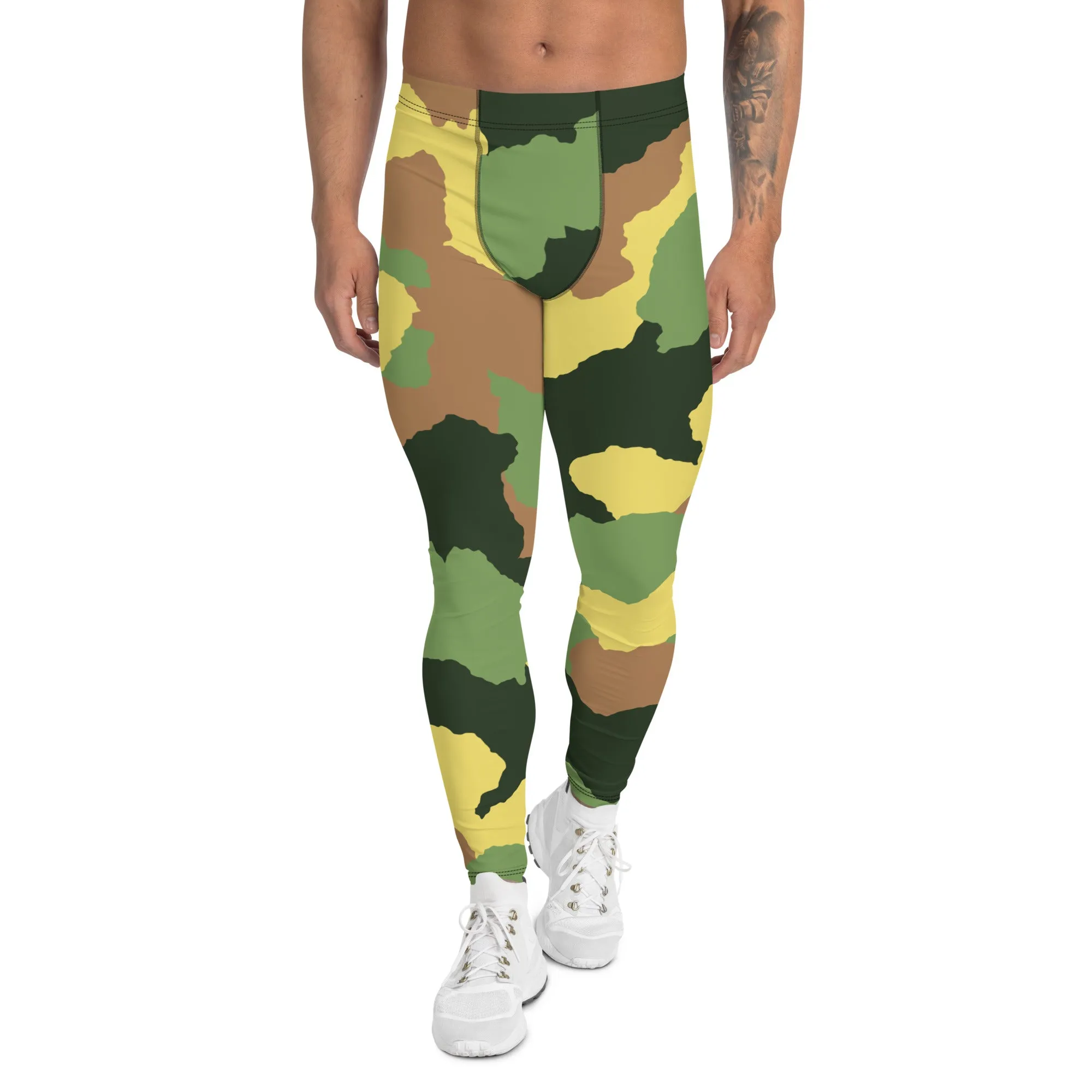 Green Camo Men's Leggings, Best Men's Leggings Designer Running Tights- Made in USA/EU/MX