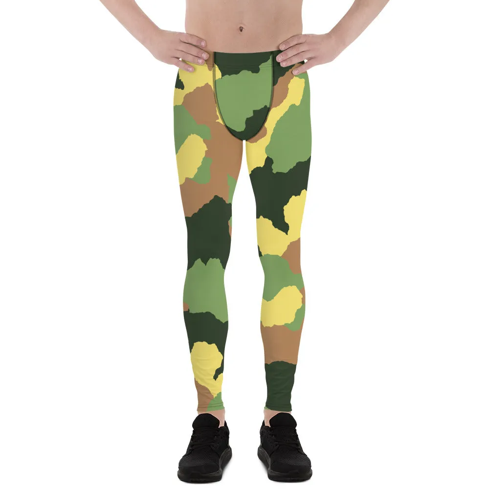 Green Camo Men's Leggings, Best Men's Leggings Designer Running Tights- Made in USA/EU/MX