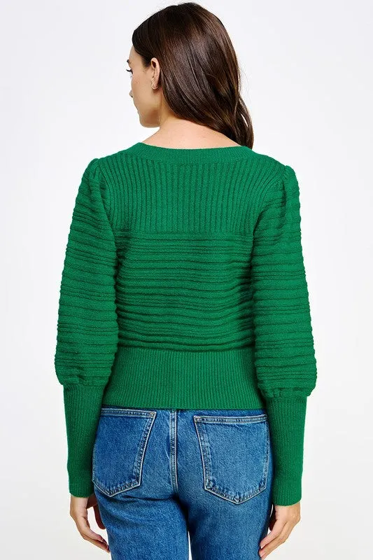 Green Square Neck Ribbed Sweater