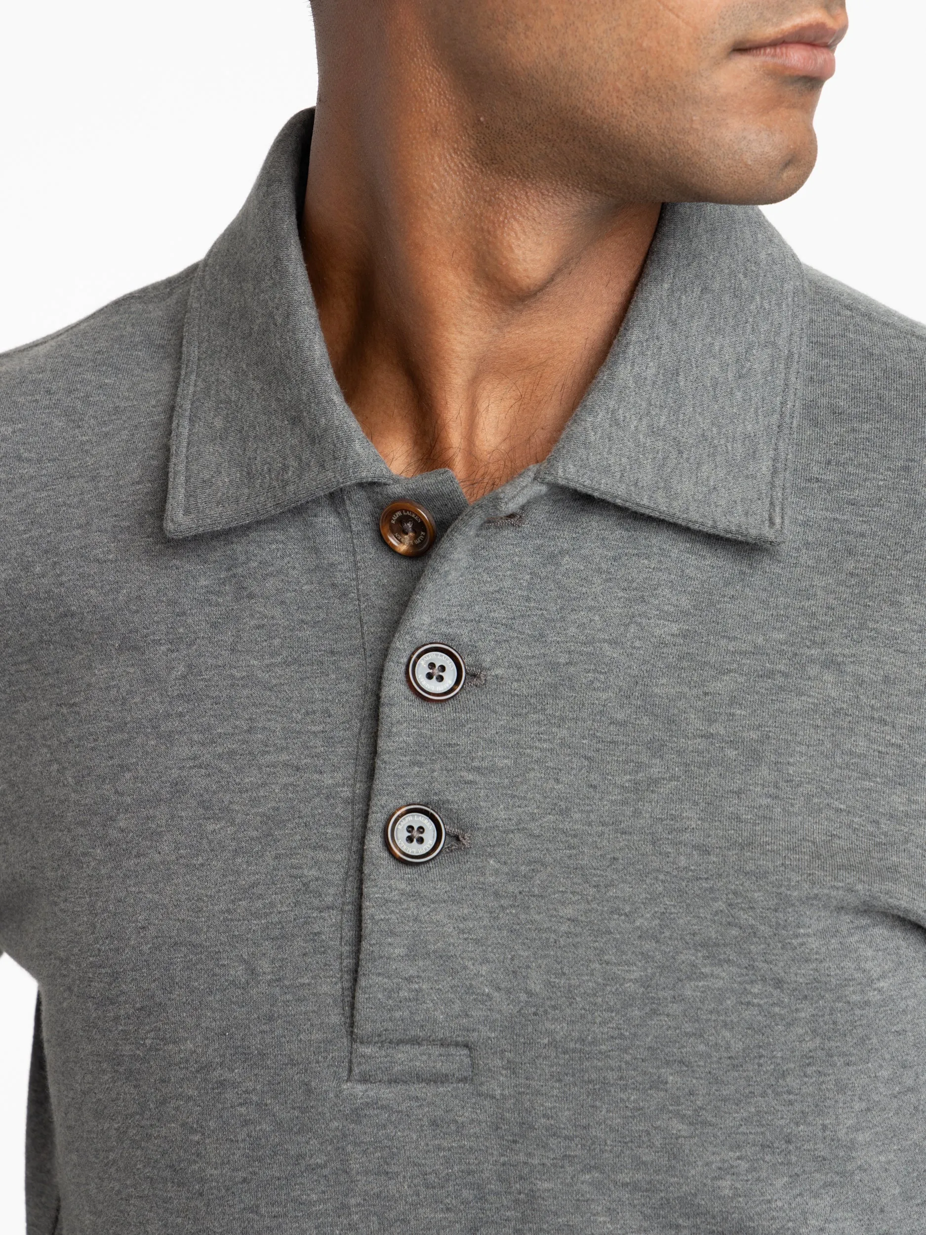 Grey Cotton-Blend Polo Sweater