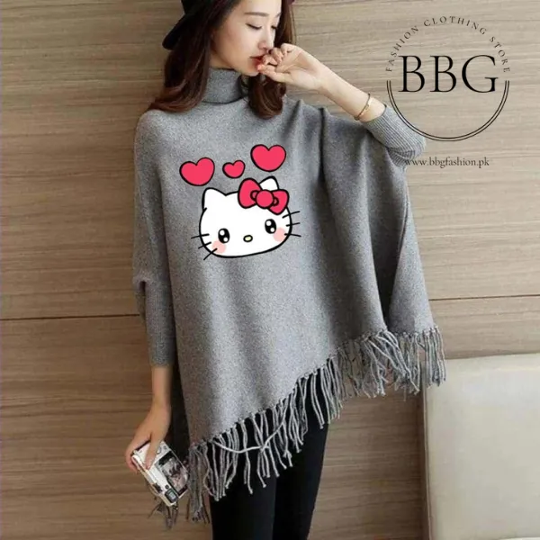 Grey Kitty Printed Poncho