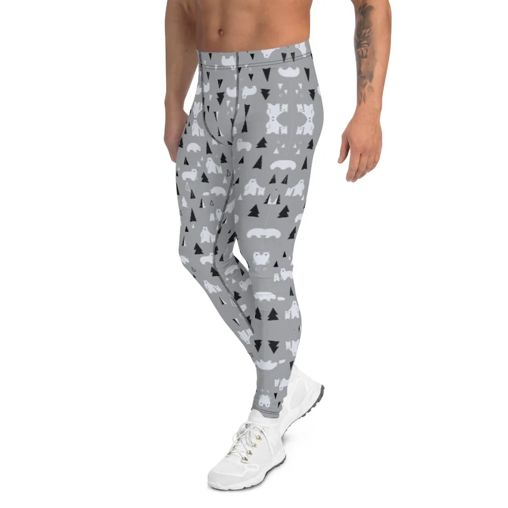 Grey Polar Bear Christmas Meggings, Light Gray Party Holiday Tights Special Men's Leggings