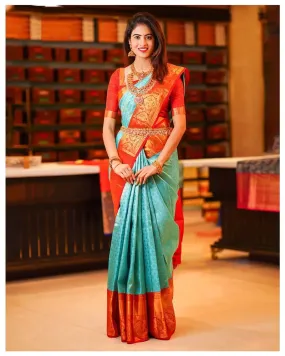 Groovy Turquoise Soft Silk Saree with Propinquity Blouse Piece