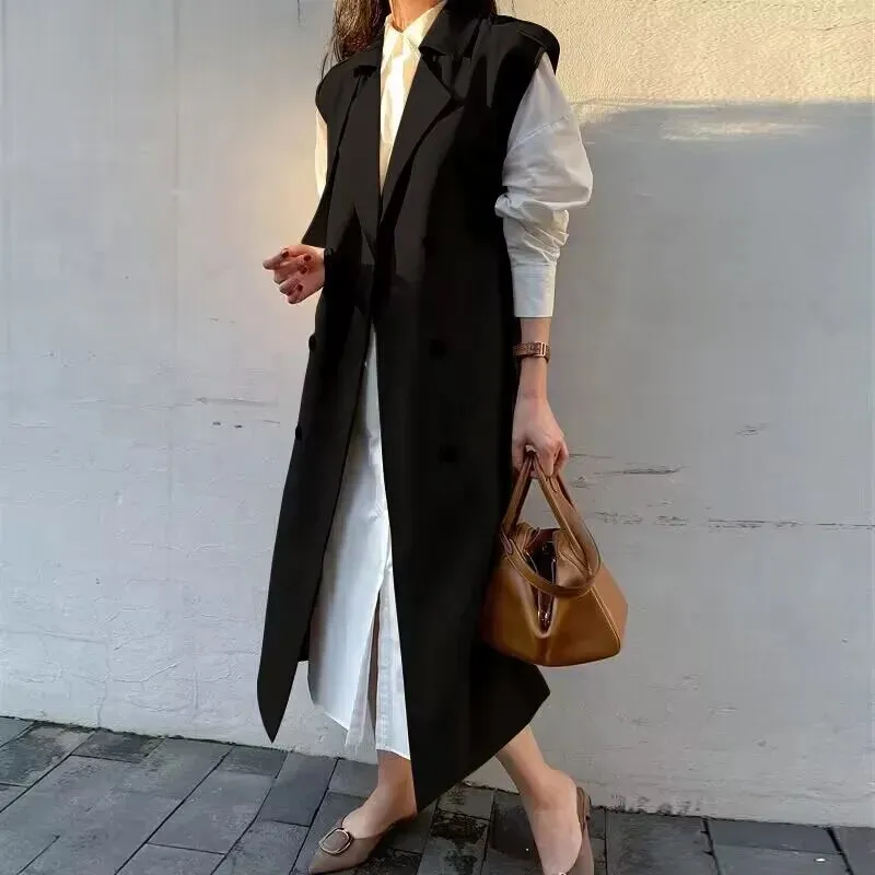 HEYFANCYSTYLE Khaki Long Sleeveless Trench Coat