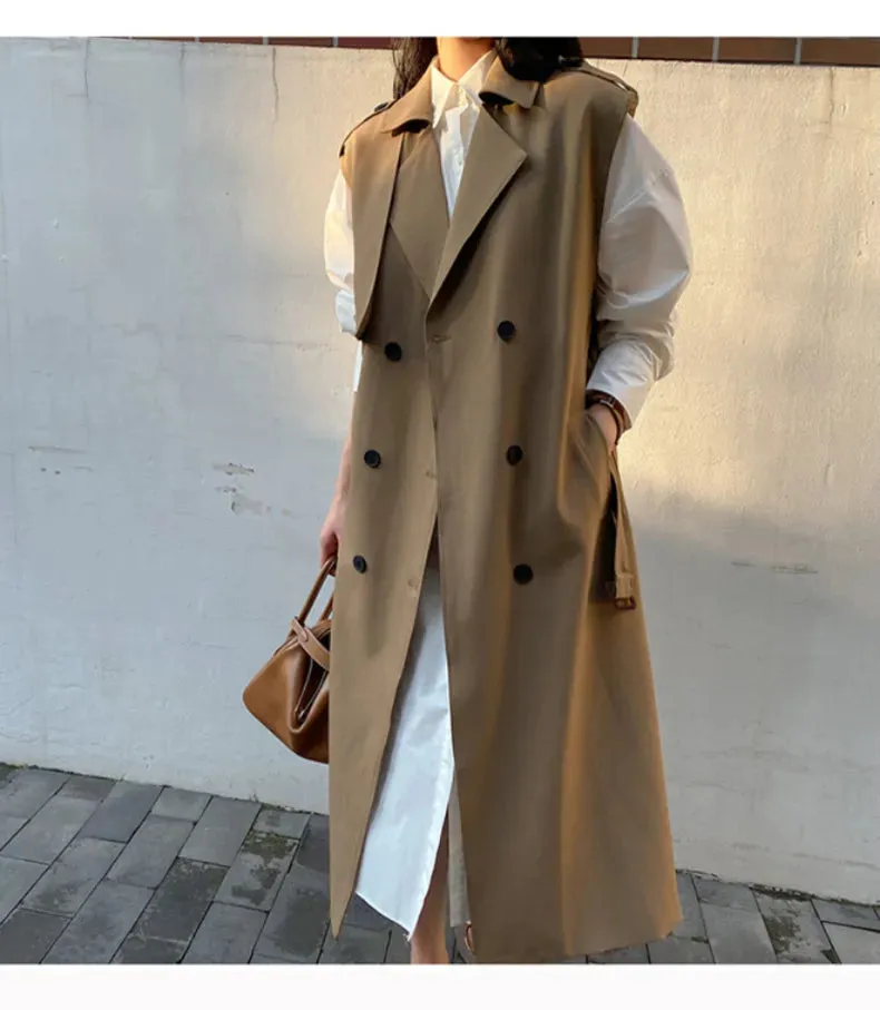 HEYFANCYSTYLE Khaki Long Sleeveless Trench Coat