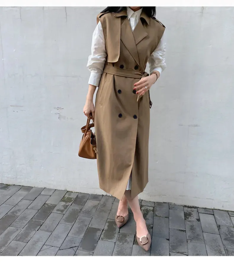 HEYFANCYSTYLE Khaki Long Sleeveless Trench Coat