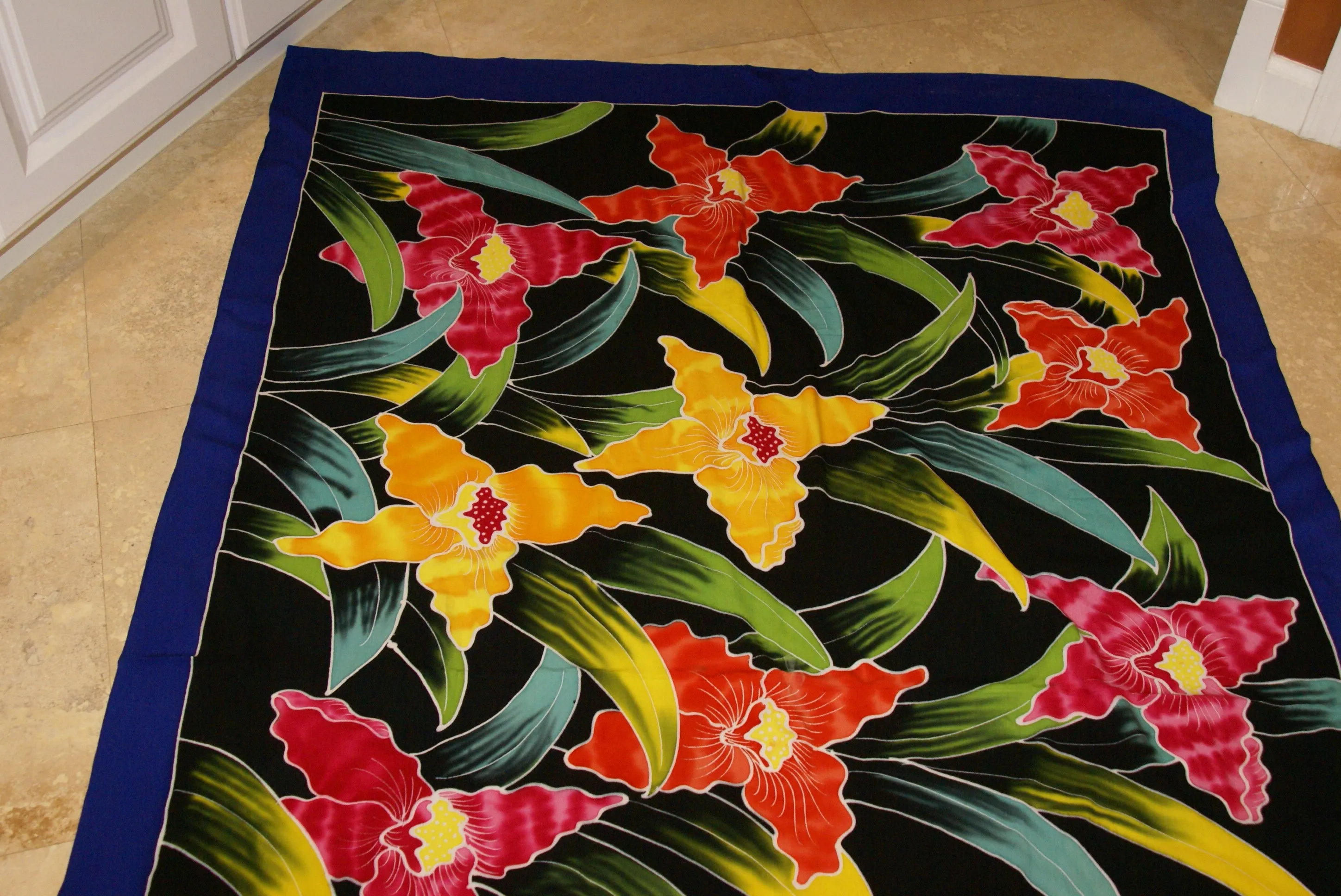 HIGH QUALITY HAND PAINTED FABRIC SARONG SIGNED BY THE ARTIST: LYCASTE ORCHID FLOWERS 70" x 48" (No 3) BLACK RED YELLOW GREEN