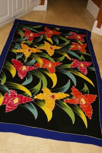 HIGH QUALITY HAND PAINTED FABRIC SARONG SIGNED BY THE ARTIST: LYCASTE ORCHID FLOWERS 70" x 48" (No 3) BLACK RED YELLOW GREEN