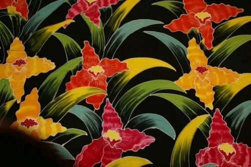 HIGH QUALITY HAND PAINTED FABRIC SARONG SIGNED BY THE ARTIST: LYCASTE ORCHID FLOWERS 70" x 48" (No 3) BLACK RED YELLOW GREEN