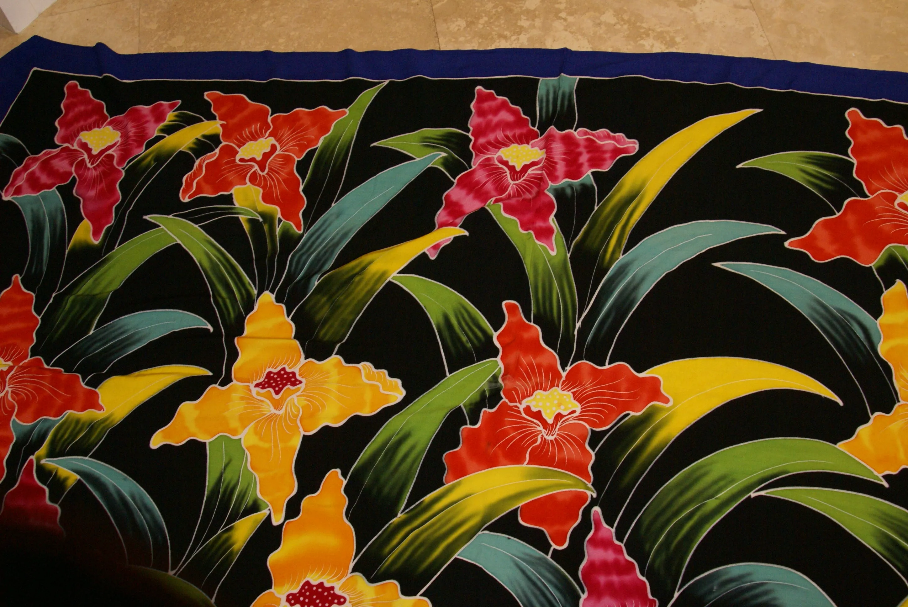 HIGH QUALITY HAND PAINTED FABRIC SARONG SIGNED BY THE ARTIST: LYCASTE ORCHID FLOWERS 70" x 48" (No 3) BLACK RED YELLOW GREEN