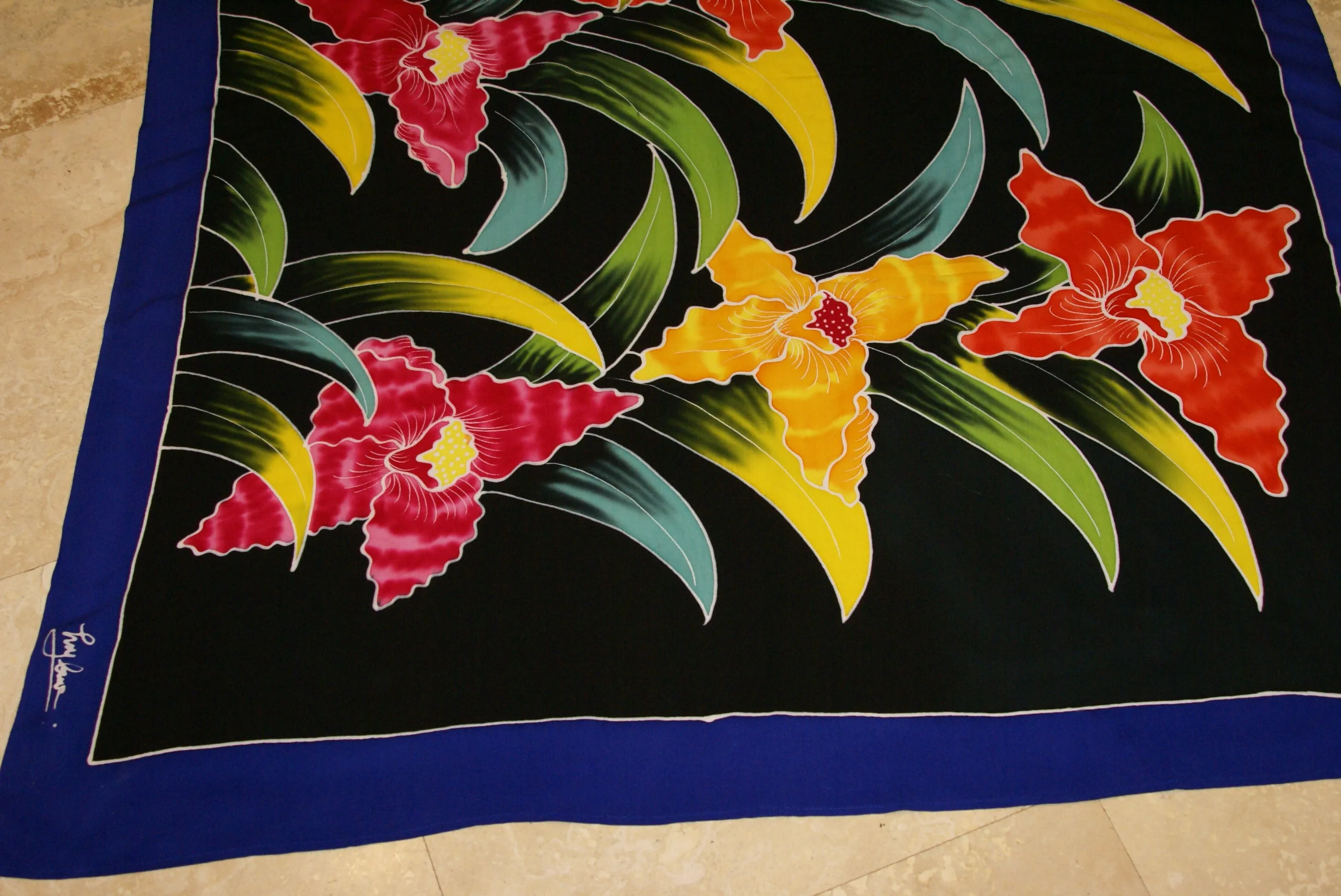 HIGH QUALITY HAND PAINTED FABRIC SARONG SIGNED BY THE ARTIST: LYCASTE ORCHID FLOWERS 70" x 48" (No 3) BLACK RED YELLOW GREEN