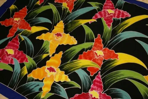 HIGH QUALITY HAND PAINTED FABRIC SARONG SIGNED BY THE ARTIST: LYCASTE ORCHID FLOWERS 70" x 48" (No 3) BLACK RED YELLOW GREEN