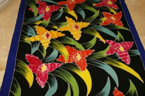 HIGH QUALITY HAND PAINTED FABRIC SARONG SIGNED BY THE ARTIST: LYCASTE ORCHID FLOWERS 70" x 48" (No 3) BLACK RED YELLOW GREEN