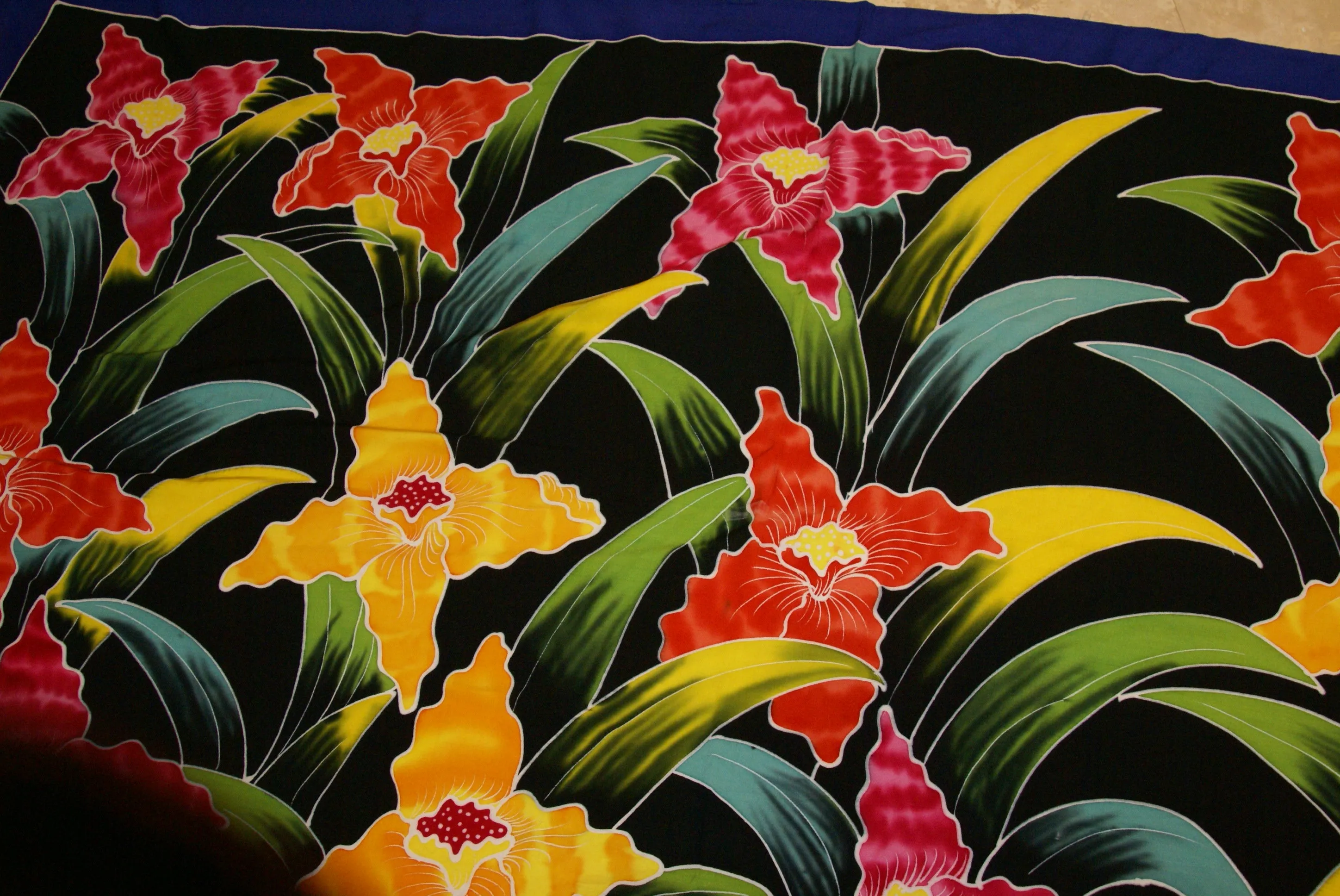 HIGH QUALITY HAND PAINTED FABRIC SARONG SIGNED BY THE ARTIST: LYCASTE ORCHID FLOWERS 70" x 48" (No 3) BLACK RED YELLOW GREEN