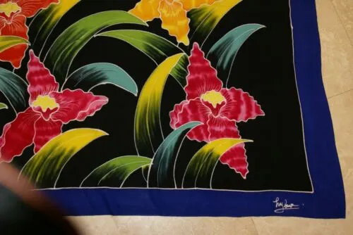 HIGH QUALITY HAND PAINTED FABRIC SARONG SIGNED BY THE ARTIST: LYCASTE ORCHID FLOWERS 70" x 48" (No 3) BLACK RED YELLOW GREEN