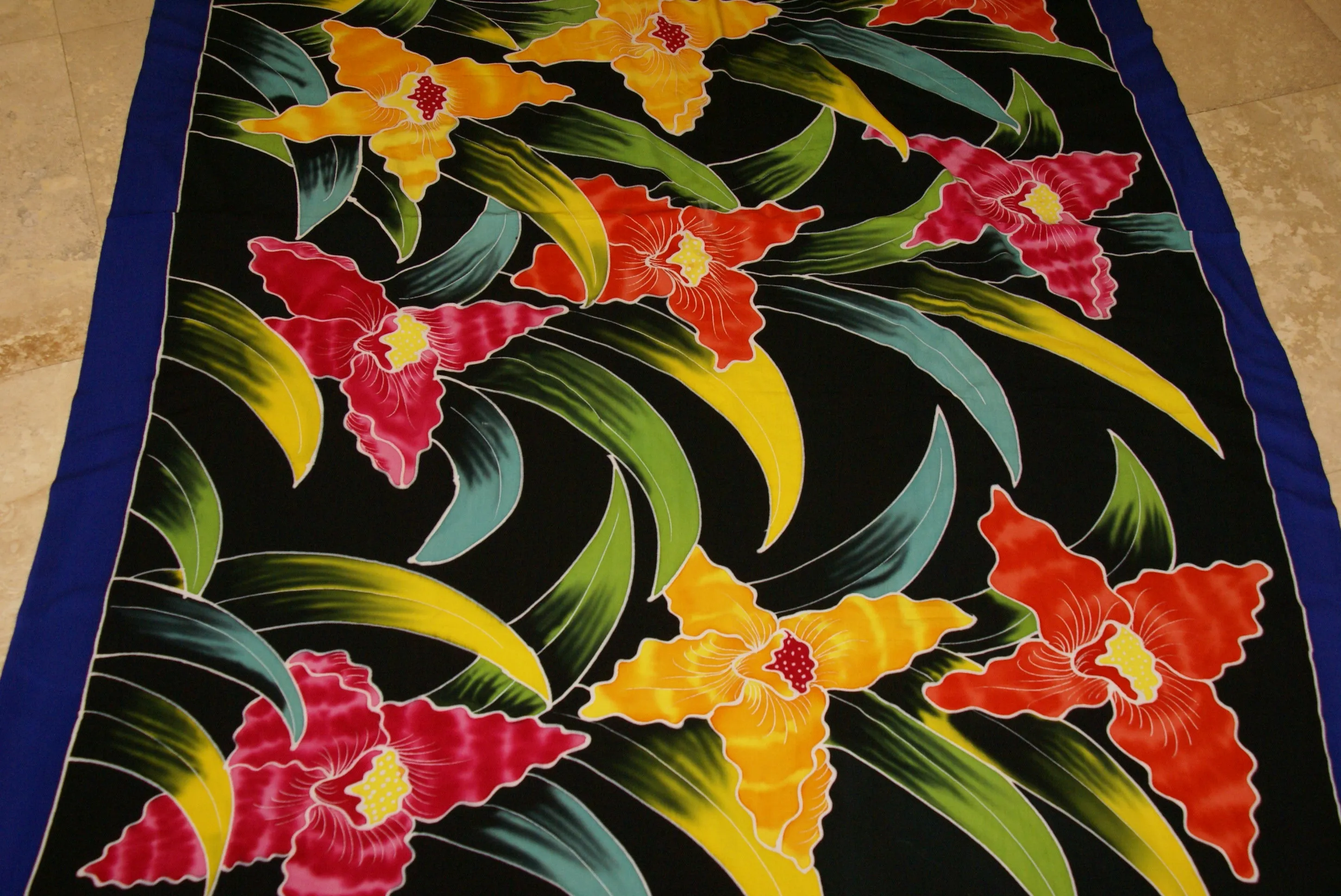 HIGH QUALITY HAND PAINTED FABRIC SARONG SIGNED BY THE ARTIST: LYCASTE ORCHID FLOWERS 70" x 48" (No 3) BLACK RED YELLOW GREEN