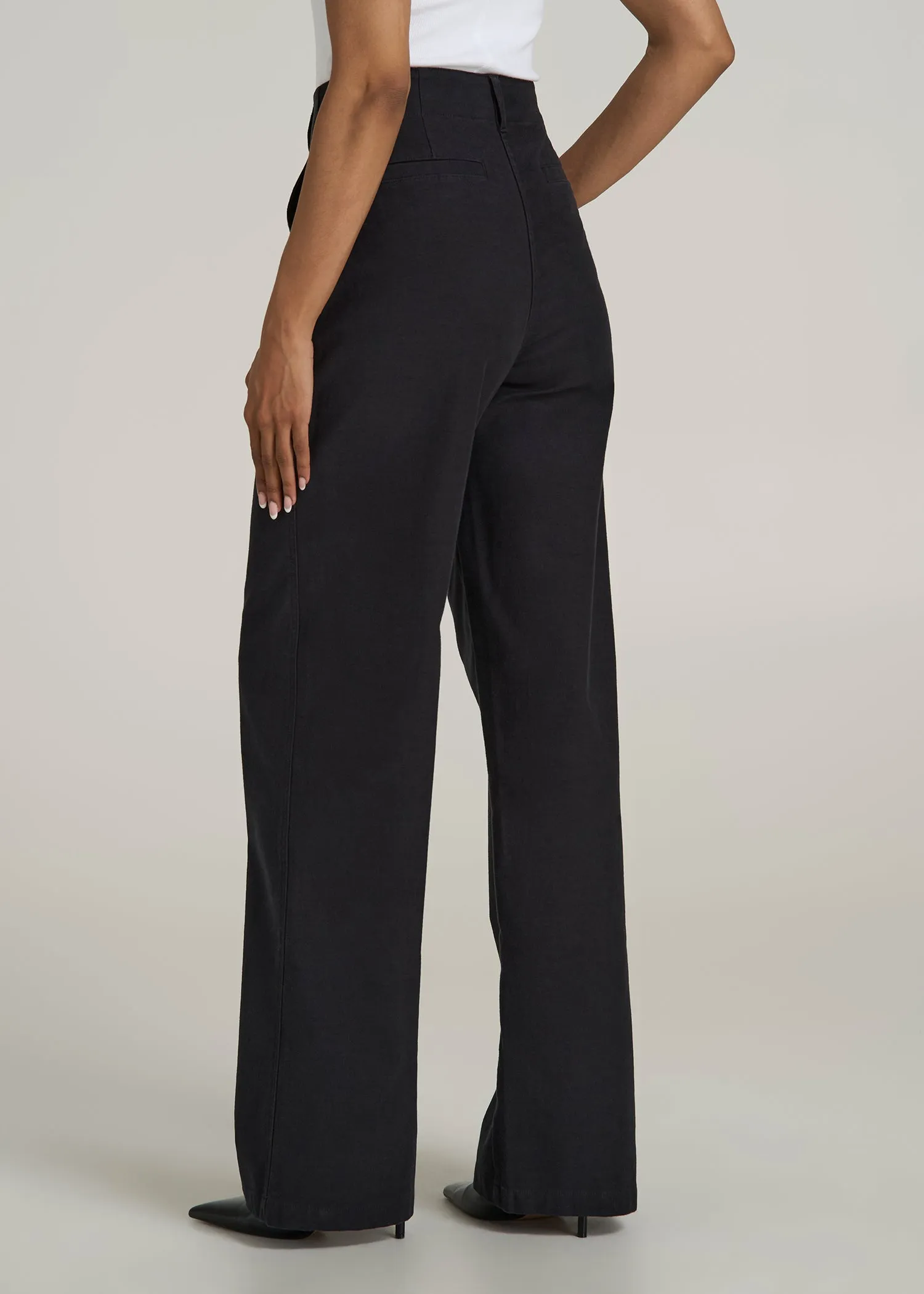 High-Rise Wide-Leg Flat-Front Chino Pants for Tall Women in Black