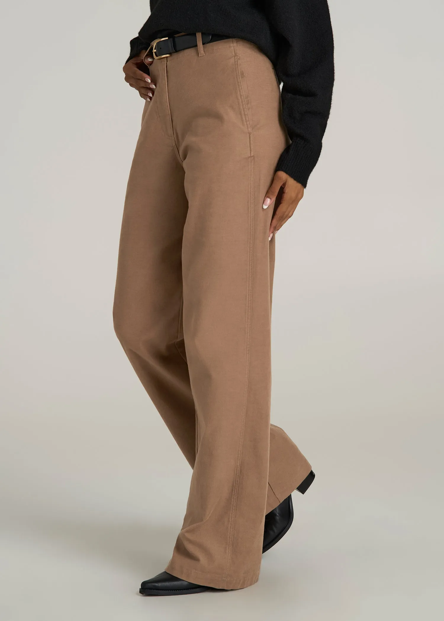 High-Rise Wide-Leg Flat-Front Chino Pants for Tall Women in Fawn