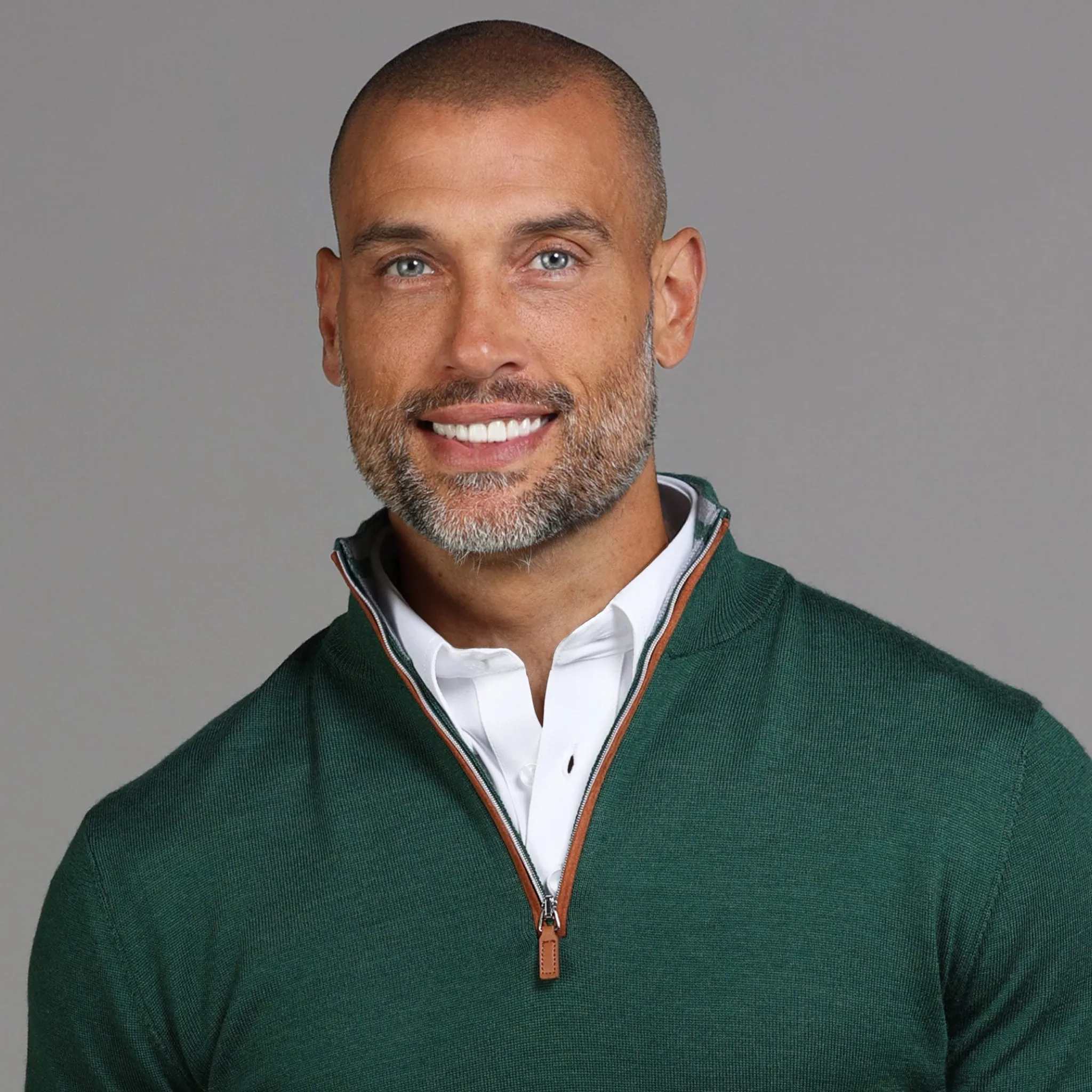 Hunter Green with Brown Suede Trim Cashmere Touch Australian Merino Quarter Zip Sweater