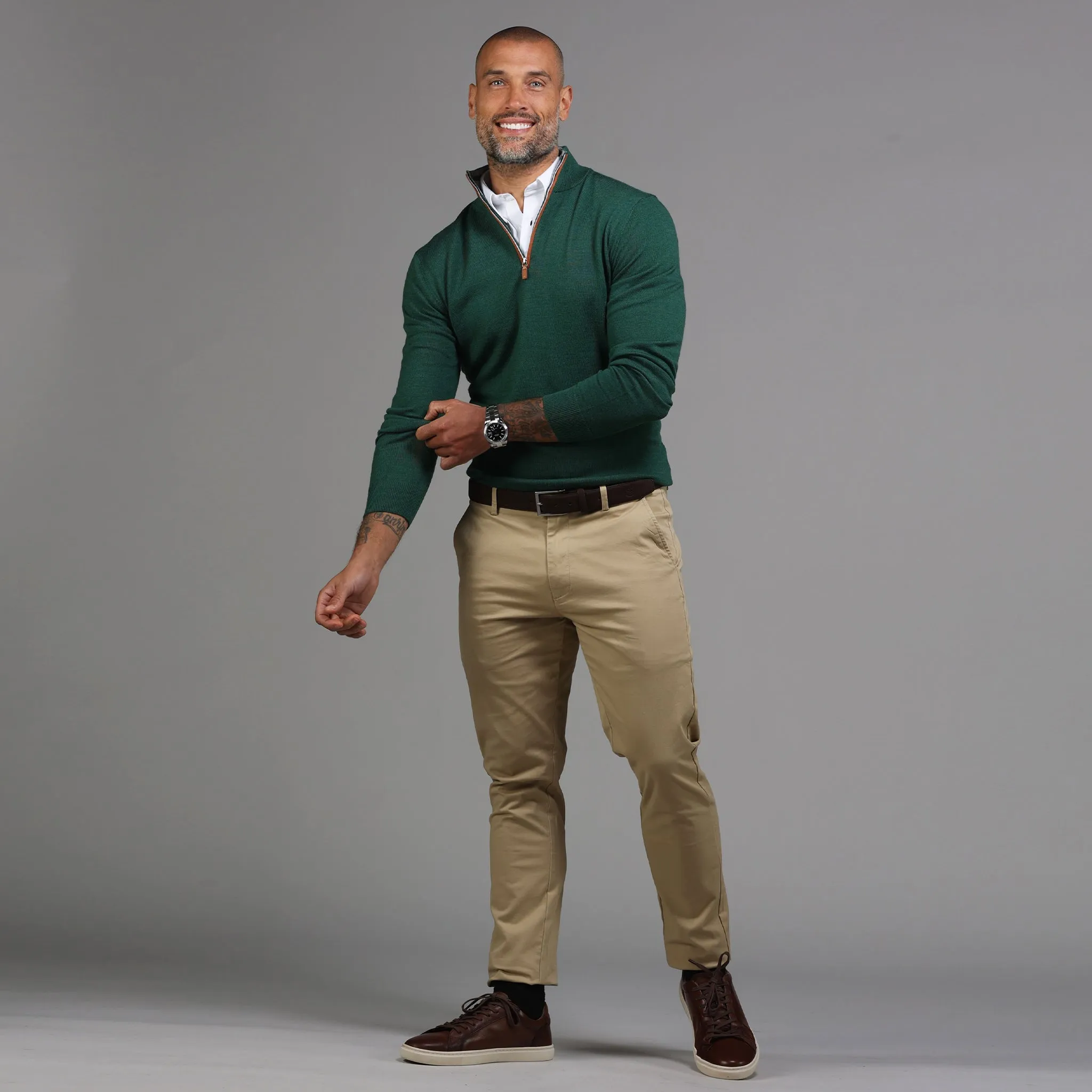 Hunter Green with Brown Suede Trim Cashmere Touch Australian Merino Quarter Zip Sweater