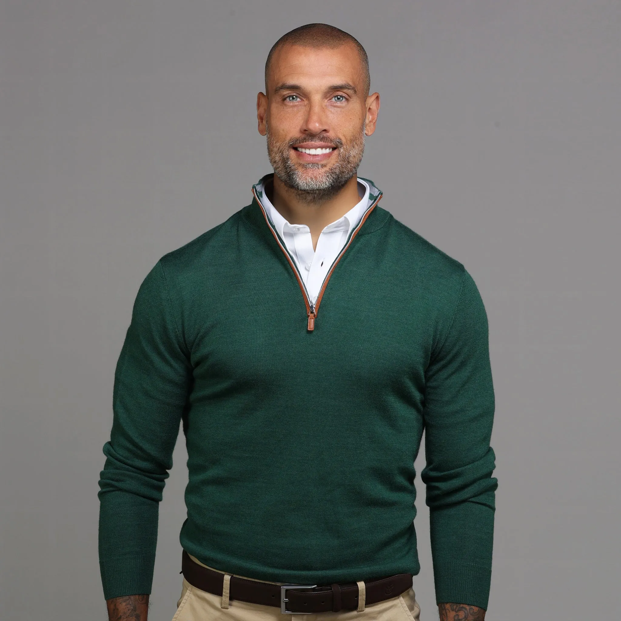 Hunter Green with Brown Suede Trim Cashmere Touch Australian Merino Quarter Zip Sweater