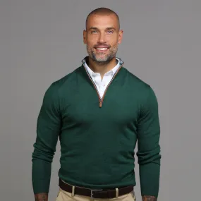 Hunter Green with Brown Suede Trim Cashmere Touch Australian Merino Quarter Zip Sweater