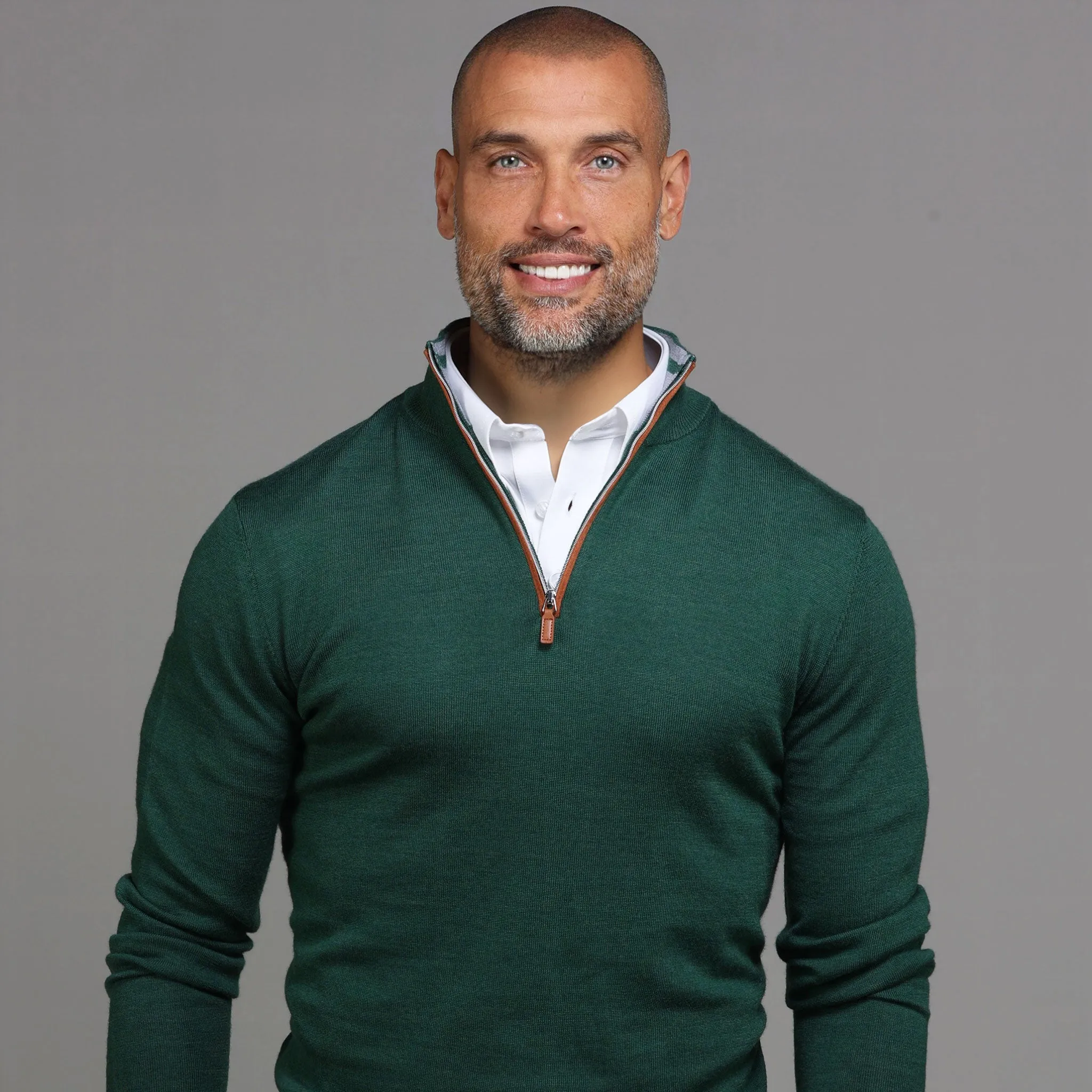 Hunter Green with Brown Suede Trim Cashmere Touch Australian Merino Quarter Zip Sweater