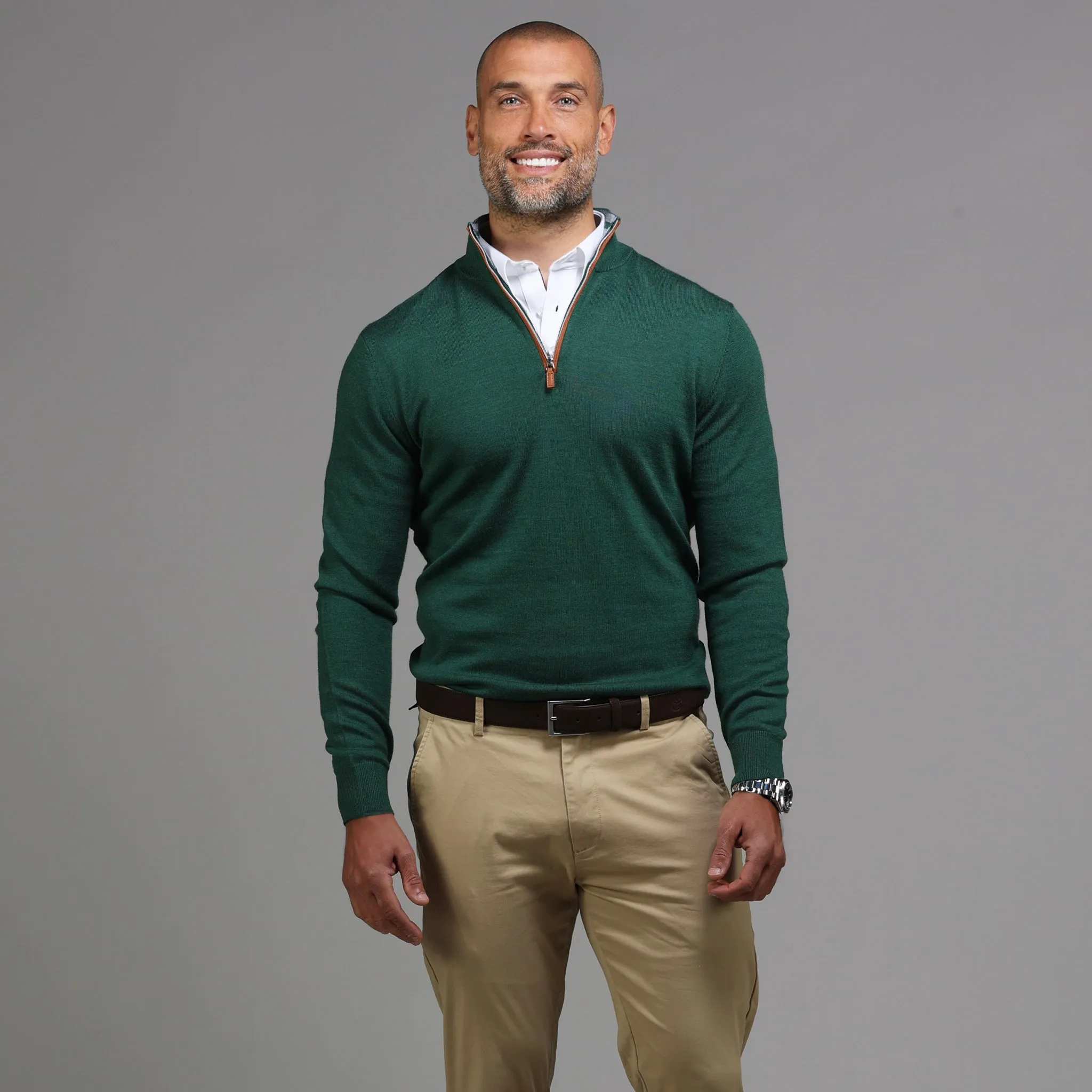 Hunter Green with Brown Suede Trim Cashmere Touch Australian Merino Quarter Zip Sweater