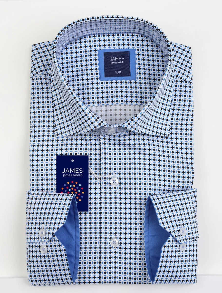 James Adelin Mens Dress Shirt in Blue, Navy and White Circles Contemporay Fit