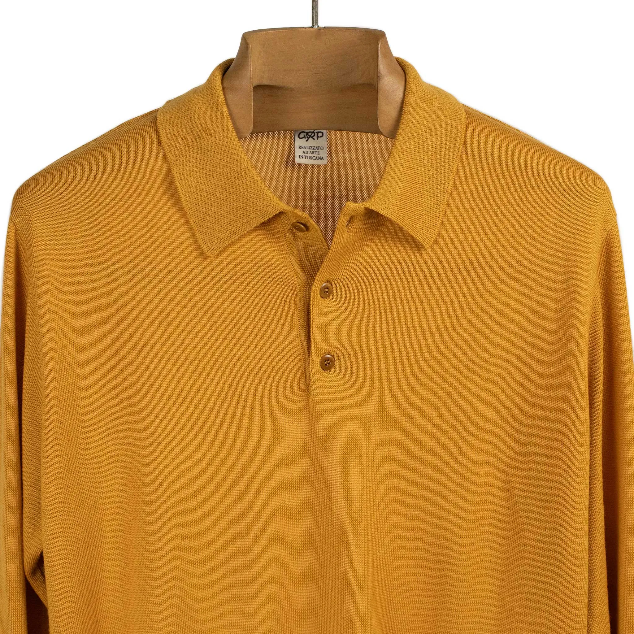 Knit long sleeve polo in ochre gold merino wool (restock)