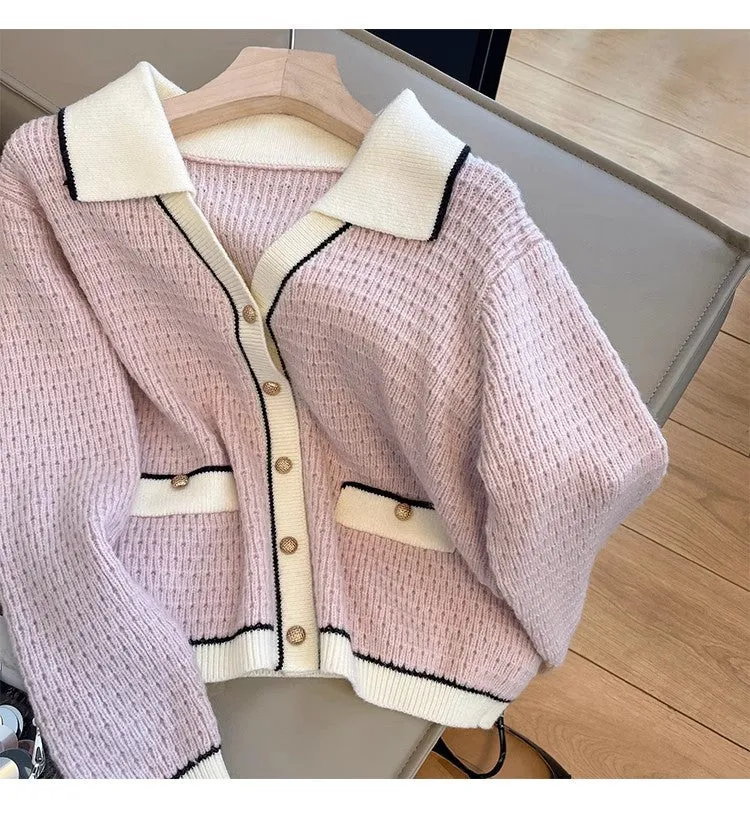 knitted cardigan for women POLO collar sweater jacket     S4848