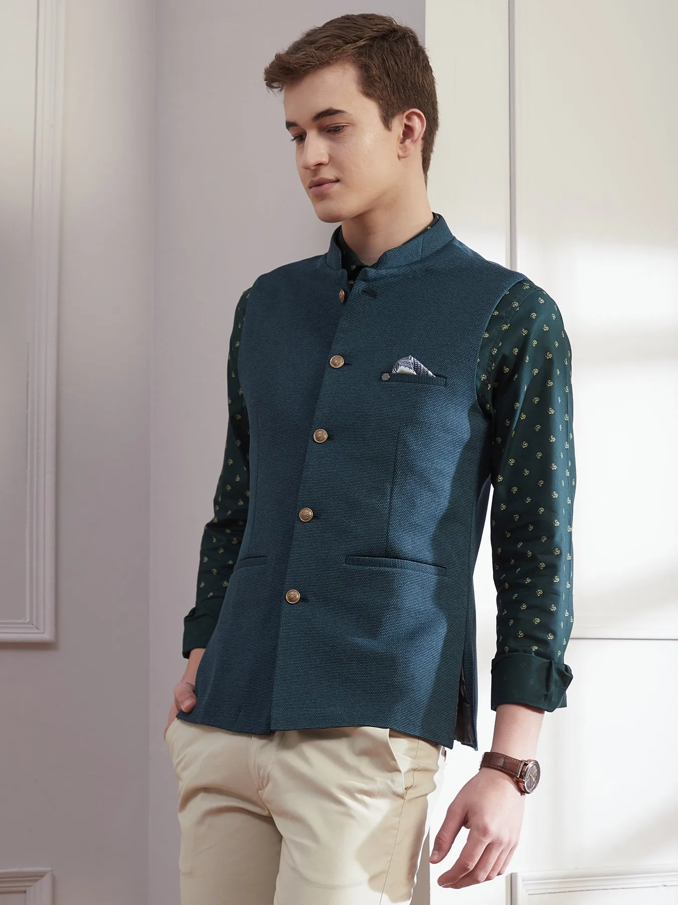 Knitted Terry Rayon Teal Dobby Slim Fit Sleeve Less Ceremonial Nehru Jacket