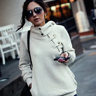 Ladies trendy warm high neck pullover sweater  hoodie