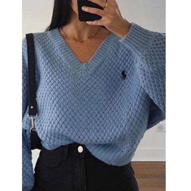 LANFUBEISI Knitted Loose Women Sweater Solid Casual V Neck Long Sleeve Pullover Sweaters  Autumn Winter Embroidery Sweater Oversize Top