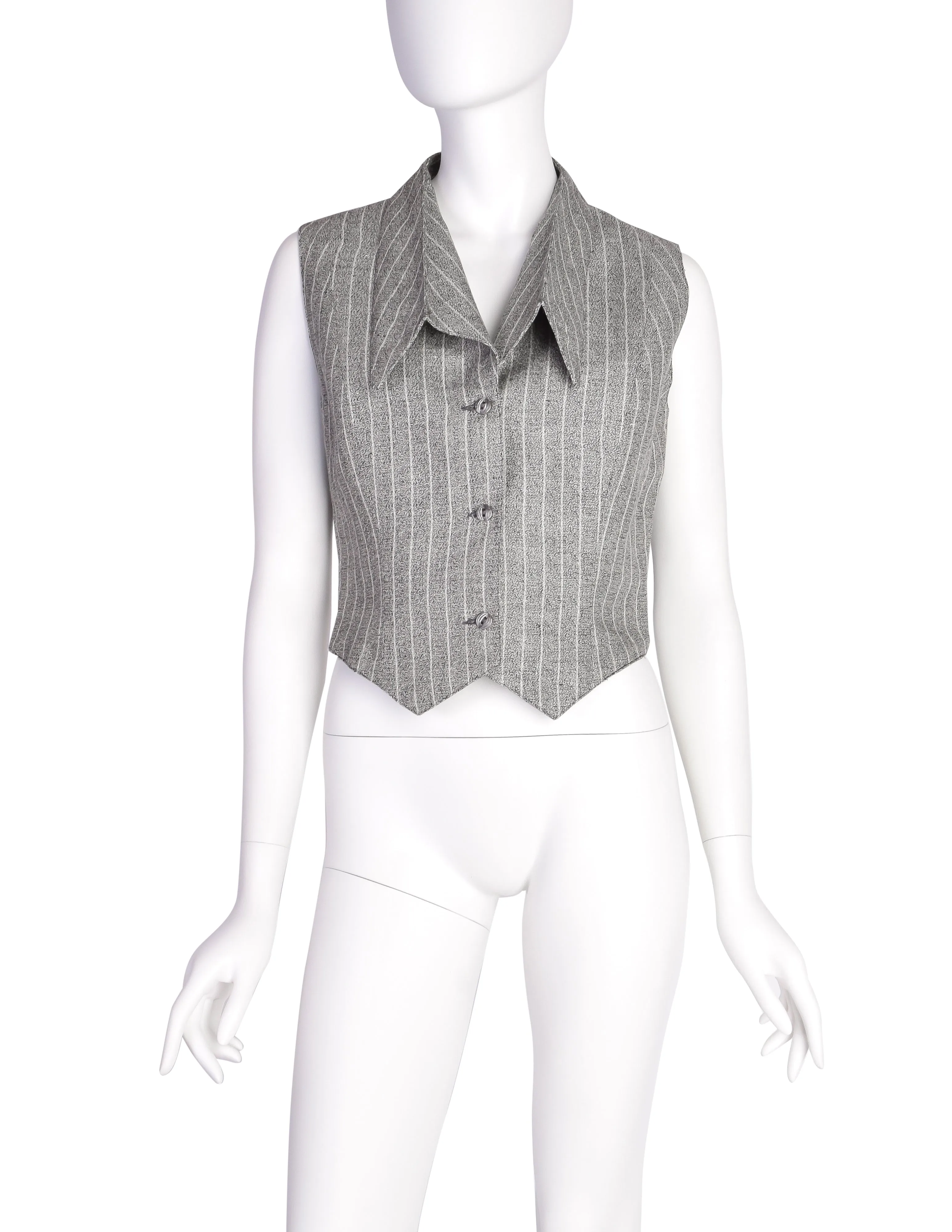 Lanvin Vintage Stunning Grey Striped Cropped Cross-Over Back Button Up Gilet Top