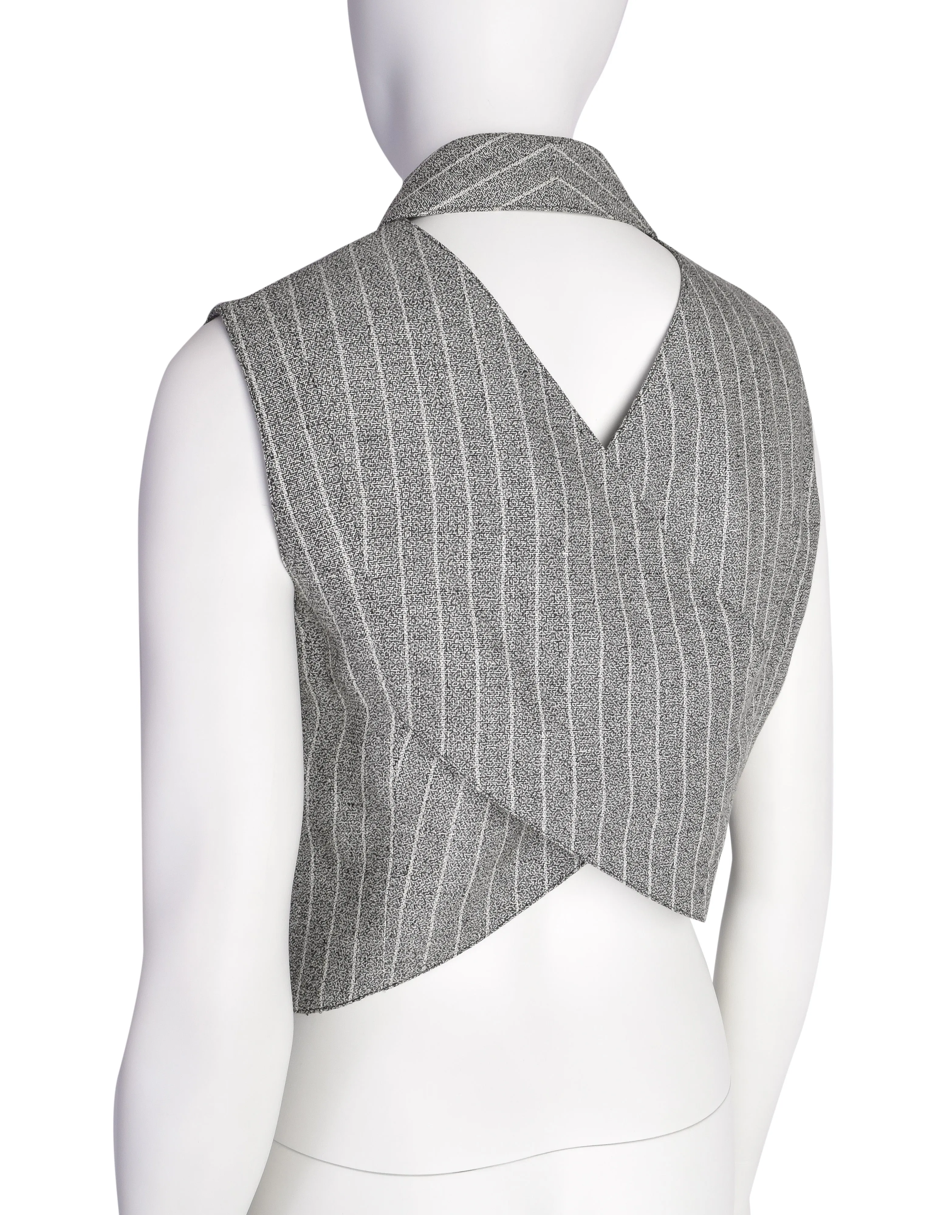 Lanvin Vintage Stunning Grey Striped Cropped Cross-Over Back Button Up Gilet Top