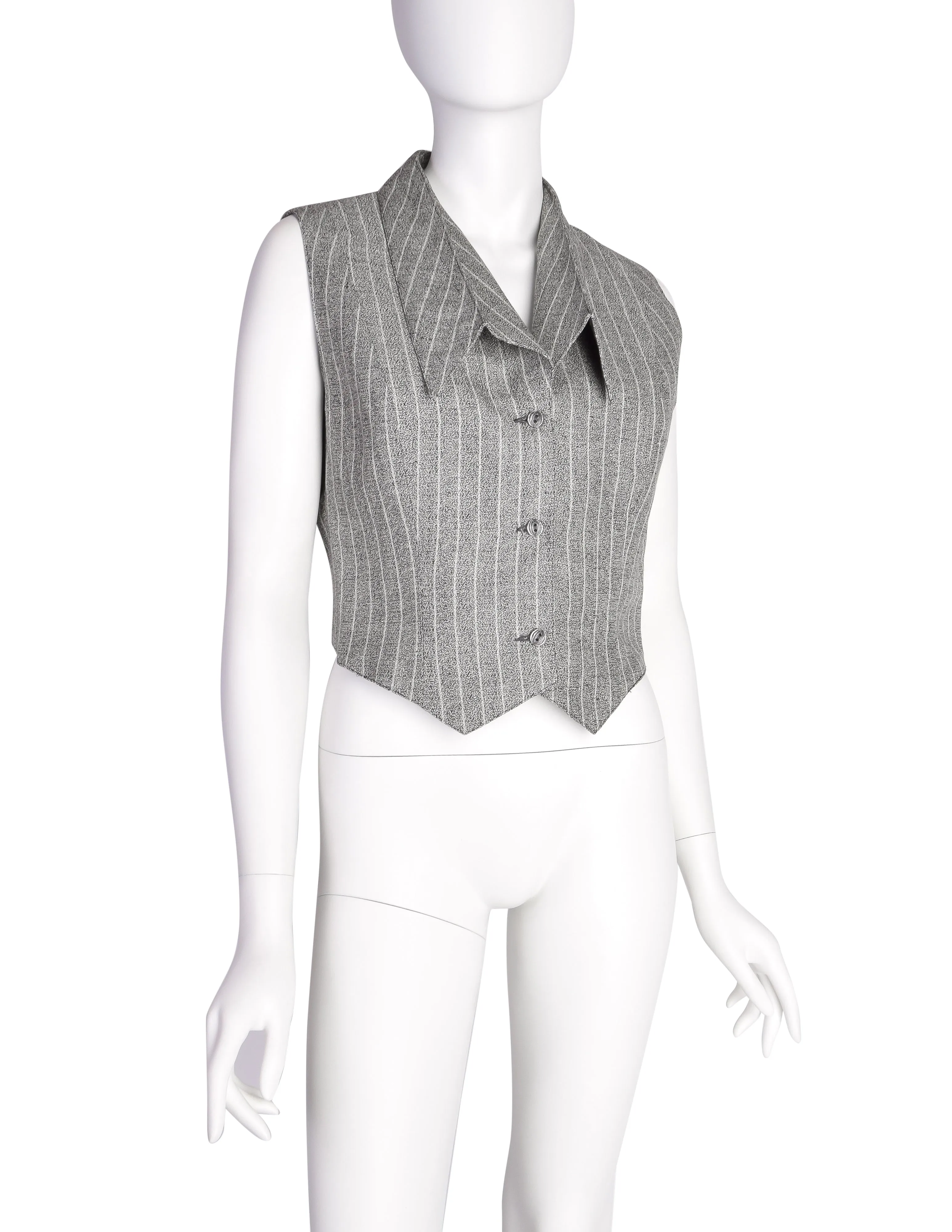 Lanvin Vintage Stunning Grey Striped Cropped Cross-Over Back Button Up Gilet Top