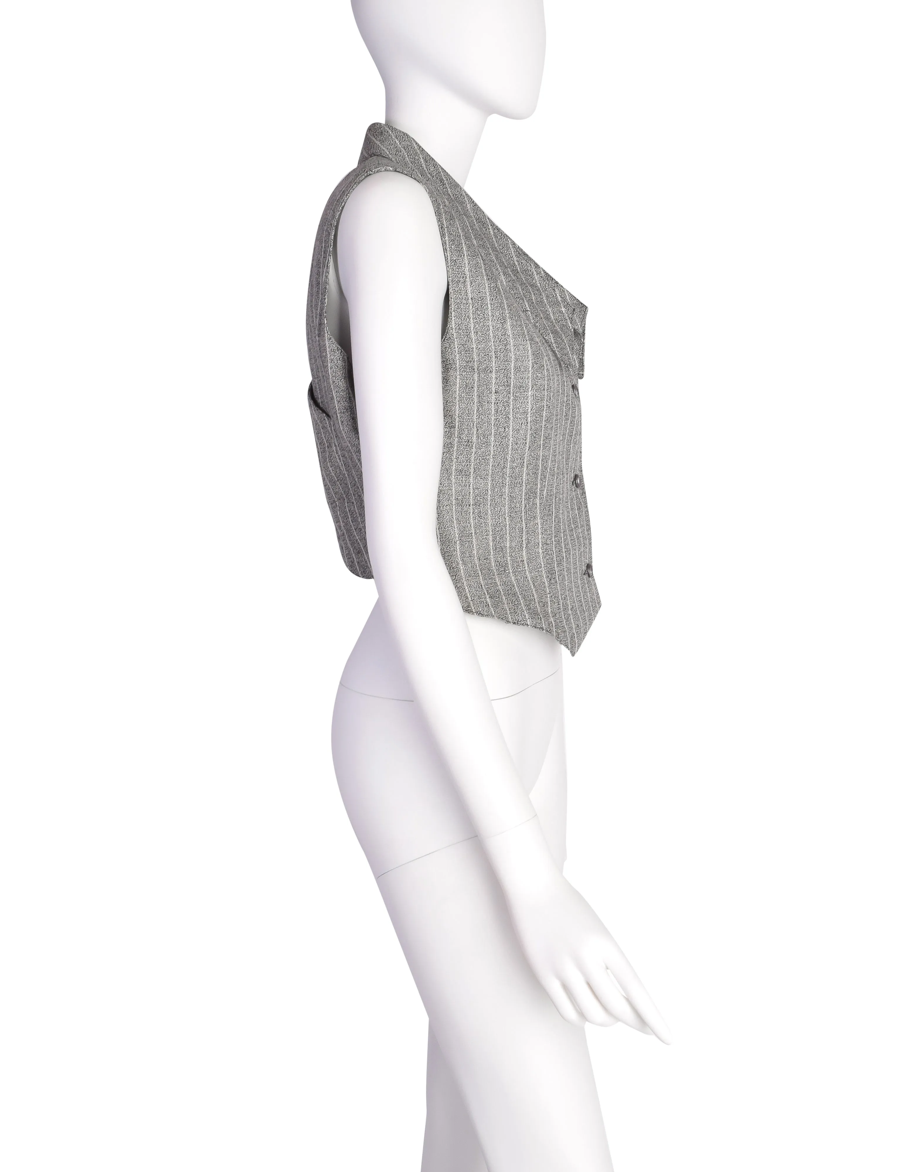 Lanvin Vintage Stunning Grey Striped Cropped Cross-Over Back Button Up Gilet Top