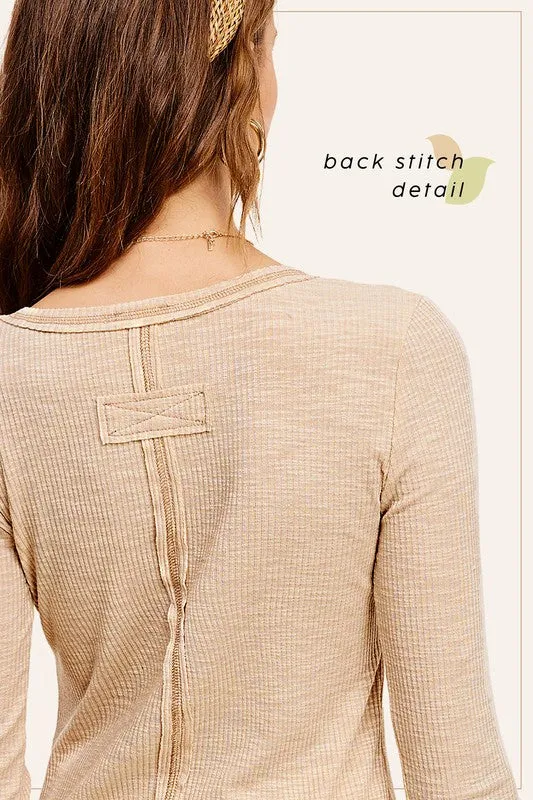 LAUREL RIBBED HENLEY STITCHED LONG SLEEVE TOP