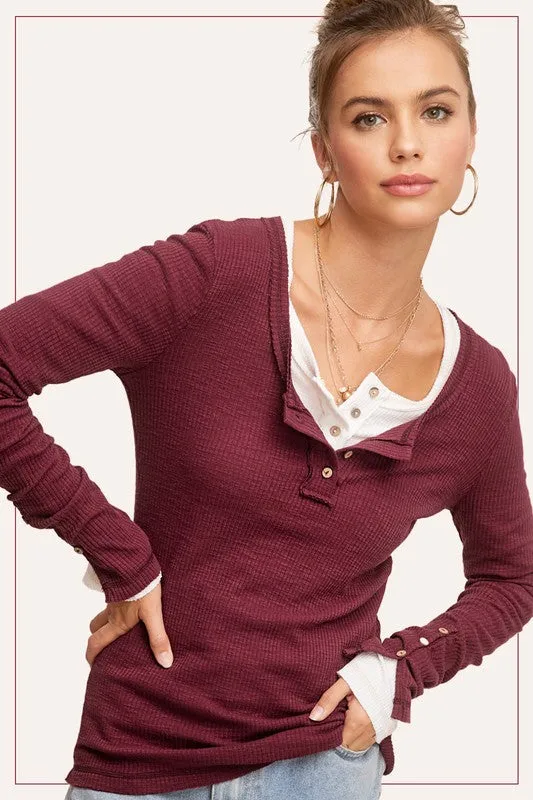 LAUREL RIBBED HENLEY STITCHED LONG SLEEVE TOP