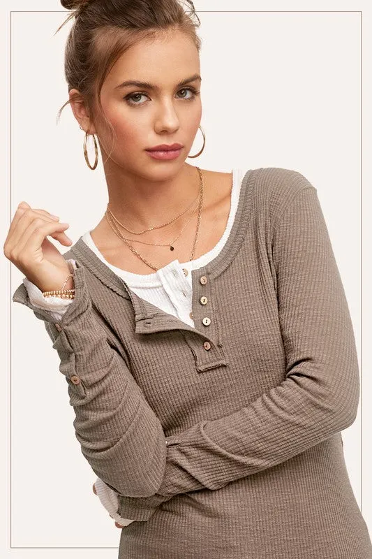 LAUREL RIBBED HENLEY STITCHED LONG SLEEVE TOP