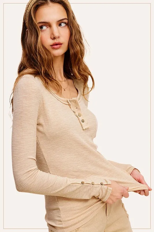 LAUREL RIBBED HENLEY STITCHED LONG SLEEVE TOP