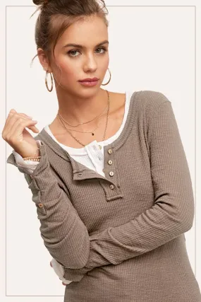 LAUREL RIBBED HENLEY STITCHED LONG SLEEVE TOP